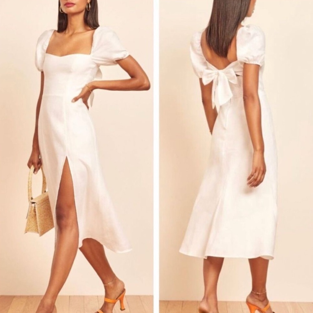 Reformation White Puff-Sleeve Midi Dress with Back Tie